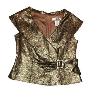 VTg J.R. Nites Gold Brocade Blouse Sz 11 USA Jeweled Buckle Detail Rear Zipper